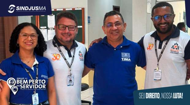 Da esquerda para direita: Leonice Barros, diretora de Comunicação do Sindjus-MA; João Paulo Diolindo, diretor de Assuntos Jurídicos do Sindjus-MA; Mario dos Santos, auxiliar judiciário e George Ferreira, presidente do Sindjus-MA.
