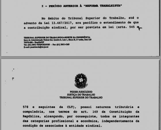 Trecho capital do parecer que reconhece que a contribuição sindical possui natureza tributária